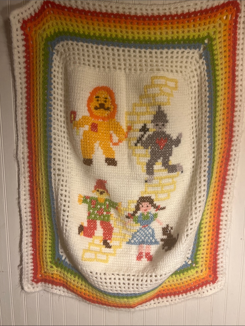 Vintage Wizard of Oz Bucilla Handmade Crochet Blanket Rainbow Dorothy Fiber Art